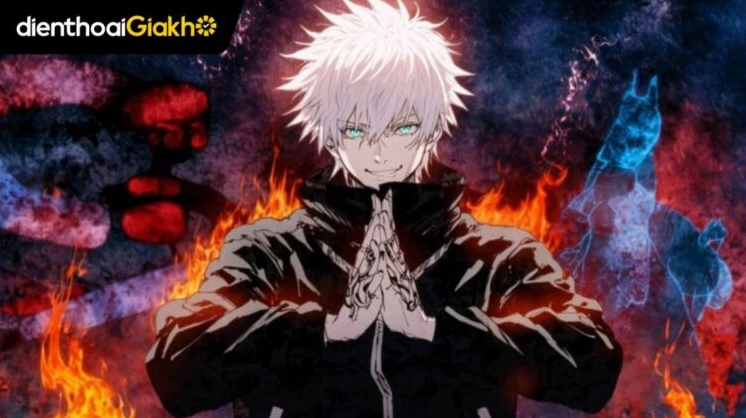 Ảnh anime Gojo Satoru chất lượng 4K, toàn thân đứng thẳng, mái tóc bạch kim rực sáng, đôi mắt xanh lam đầy mê hoặc nhìn thẳng vào người xem, tạo dáng mạnh mẽ và đầy tự tin trên nền tối