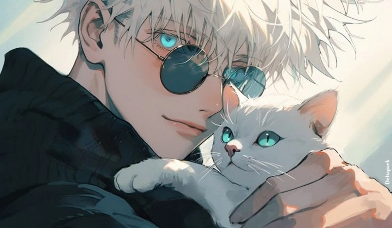 Ảnh anime Gojo Satoru đang cười rạng rỡ với đôi mắt nhắm tít, hai tay tạo dáng hình trái tim một cách tinh nghịch và đáng yêu, thể hiện sự vui vẻ, hài hước và hồn nhiên của nhân vật trong một khung cảnh sáng sủa