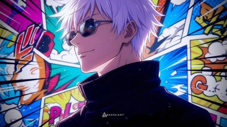 Ảnh anime Gojo Satoru đứng giữa không gian hư ảo màu tím than, một tay kéo bịt mắt để lộ toàn bộ đôi mắt Six Eyes màu xanh ngọc rực rỡ, thể hiện sự tự tin, quyền năng và một nụ cười ẩn ý trên môi