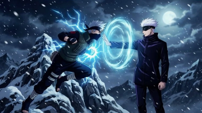 Ảnh anime Gojo Satoru với mái tóc bạc phơ bồng bềnh, đôi mắt Lục Nhãn hé lộ đầy quyền năng và ánh sáng xanh lam huyền bí, đang thể hiện kĩ thuật Vô Hạn trong một không gian tối đầy ma lực, tạo cảm giác áp đảo