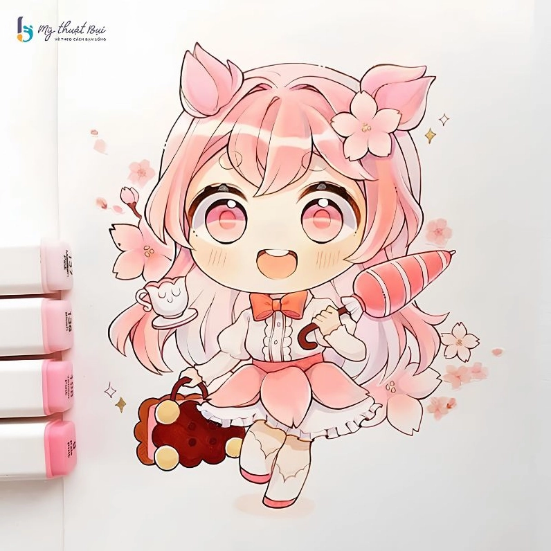 Cô gái chibi với mái tóc đen dài và bộ váy trắng thanh lịch, vẻ đẹp thuần khiết