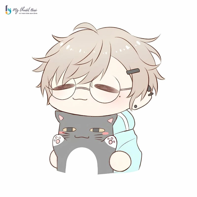 Hình ảnh chibi nam cute với mái tóc đen và áo khoác xanh, thể hiện sự năng động