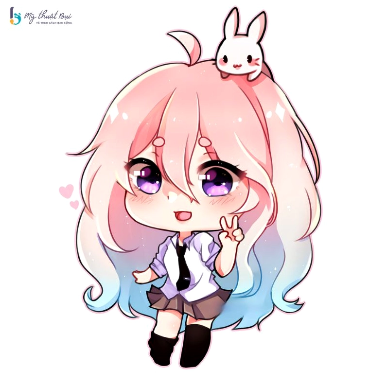 Hình vẽ chibi nữ cute mặc đồng phục học sinh màu xanh, biểu cảm ngây thơ