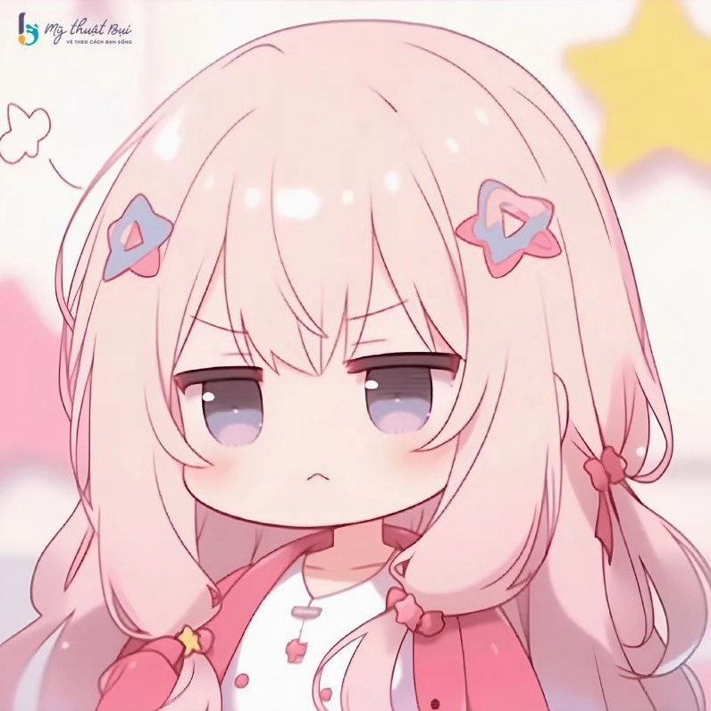 Hình vẽ chibi nữ tóc nâu, mặc váy hồng nhạt, mang vẻ đẹp cute và ngọt ngào