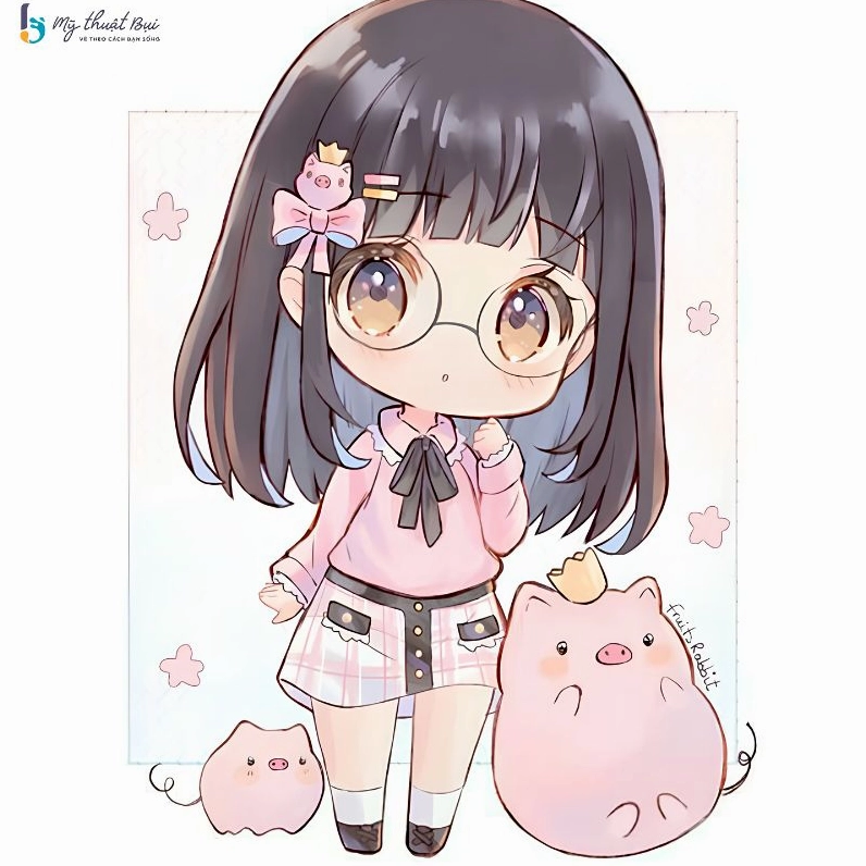 Hình vẽ chibi nữ tóc vàng, đeo kính và mỉm cười, toát lên vẻ đẹp thông minh và đáng yêu