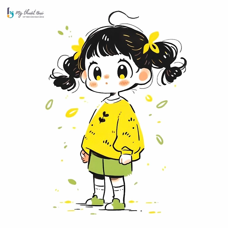Hình vẽ chibi nữ với mái tóc dài màu hồng và đôi mắt to tròn đáng yêu, thể hiện sự đơn giản và dễ thương