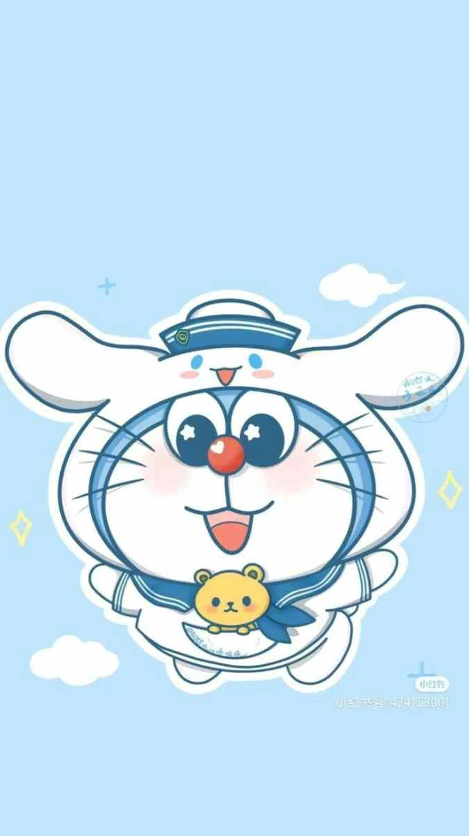 Background Doraemon cute chibi đang ngồi với vẻ mặt ngây thơ