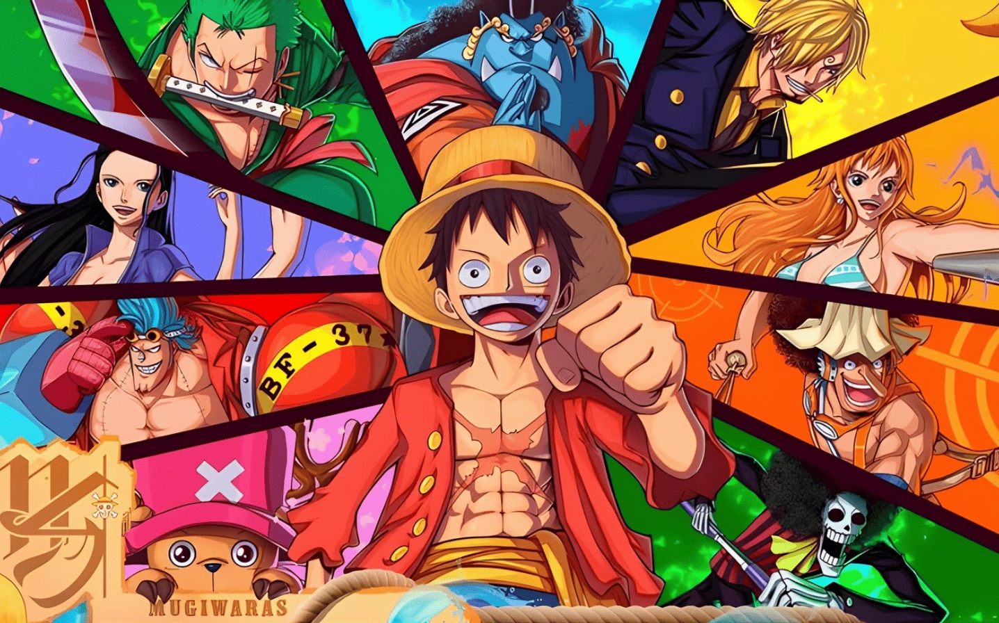 Hình nền Luffy cùng băng Mũ Rơm trong một khung cảnh hùng vĩ.