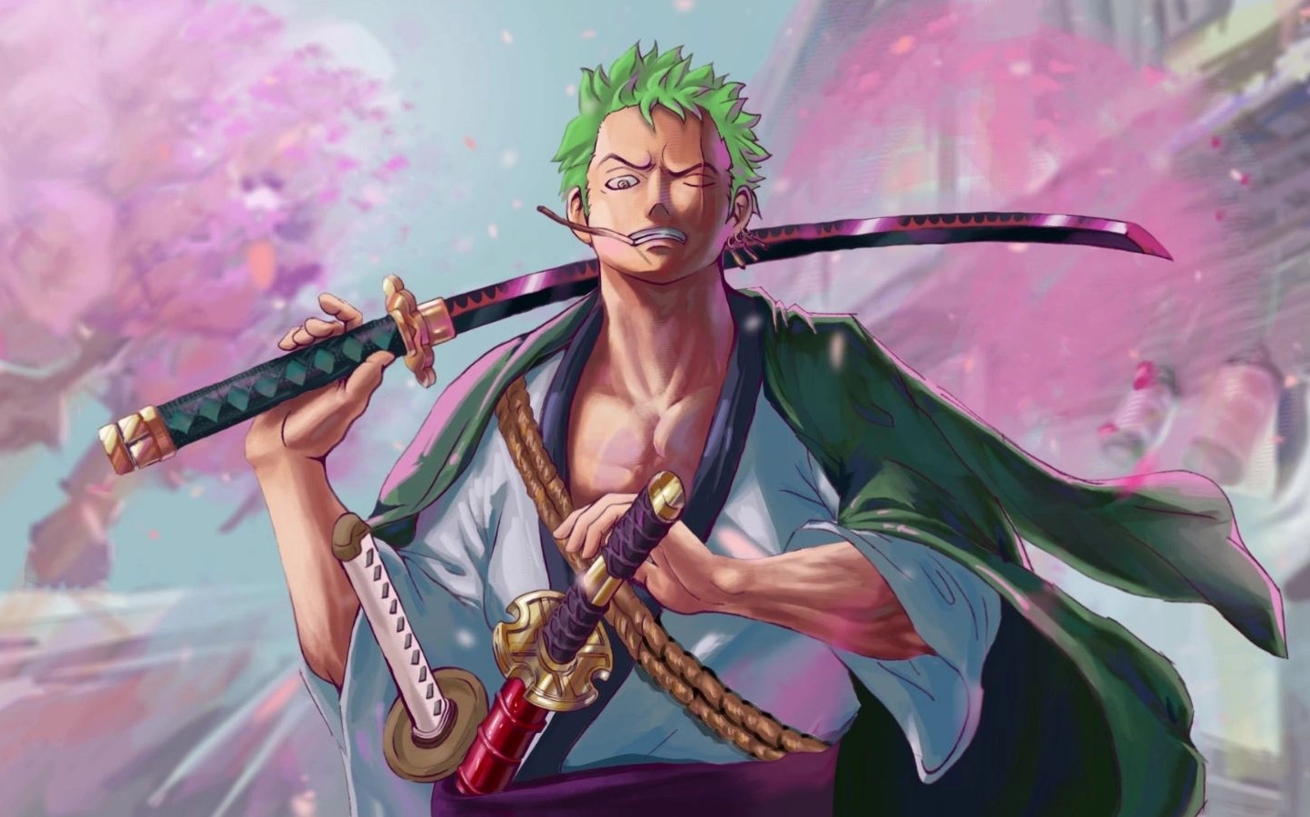 Kiếm sĩ Zoro trong One Piece đang trong tư thế sẵn sàng tấn công đối thủ
