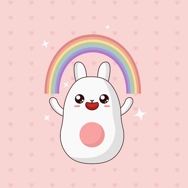 Wallpaper chú thỏ chibi vui sướng bên cầu vồng