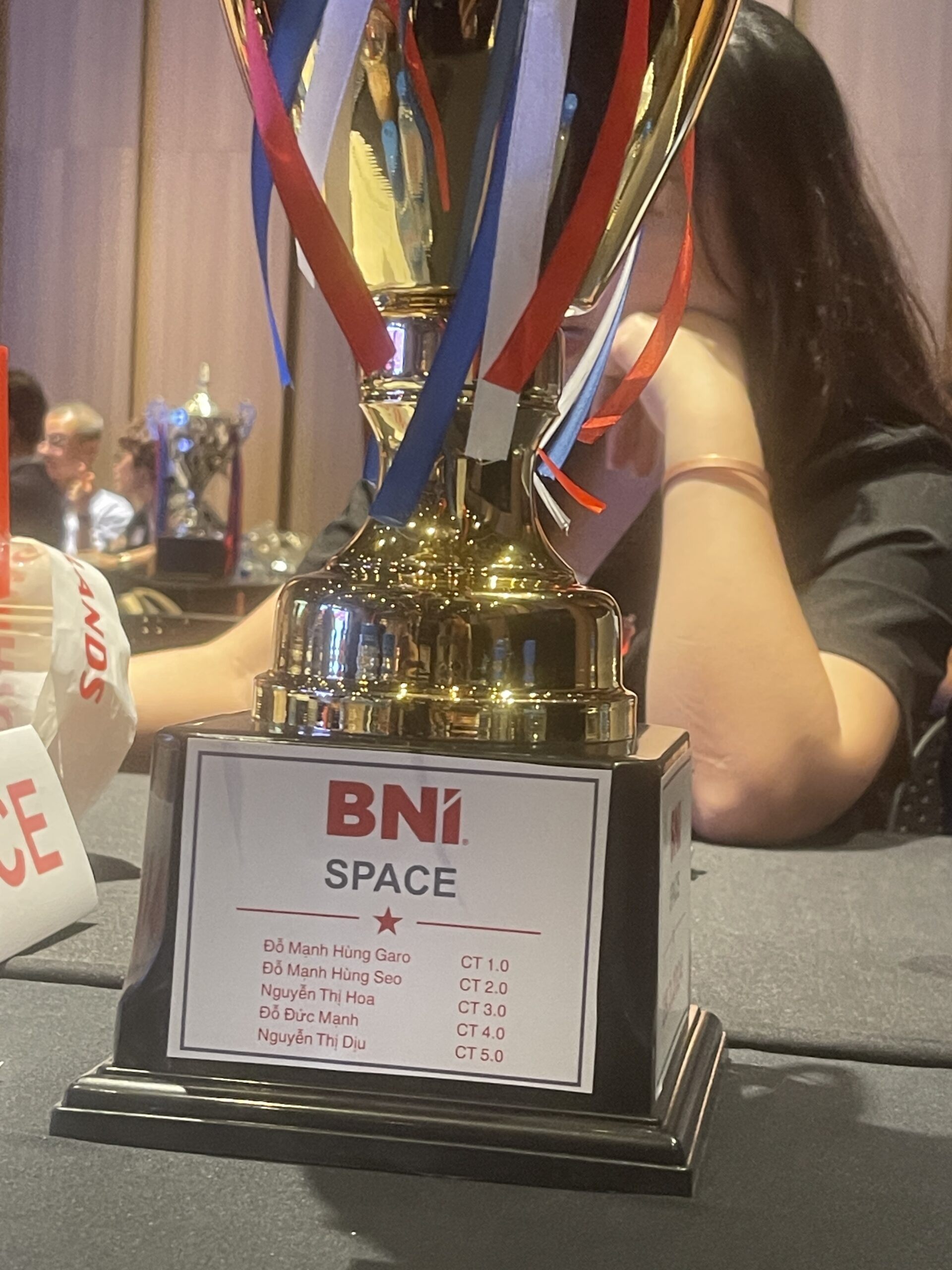 Chi tiết chiếc cúp BNI SPACE với tên các thế hệ CT
